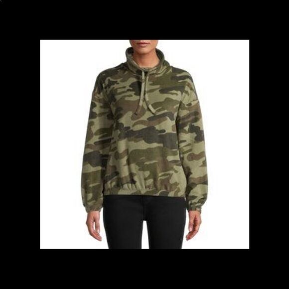 Derek Heart Green Camo Fleece Cowl Neck Sweater - Picture 1 of 8